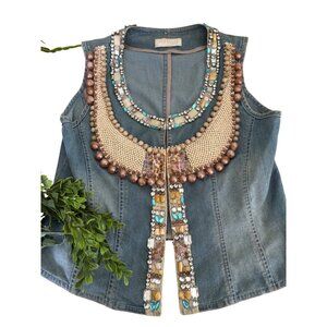 Vintage  Lynn Adler Hand Beaded Denim Vest With Rhinestones & Pearls